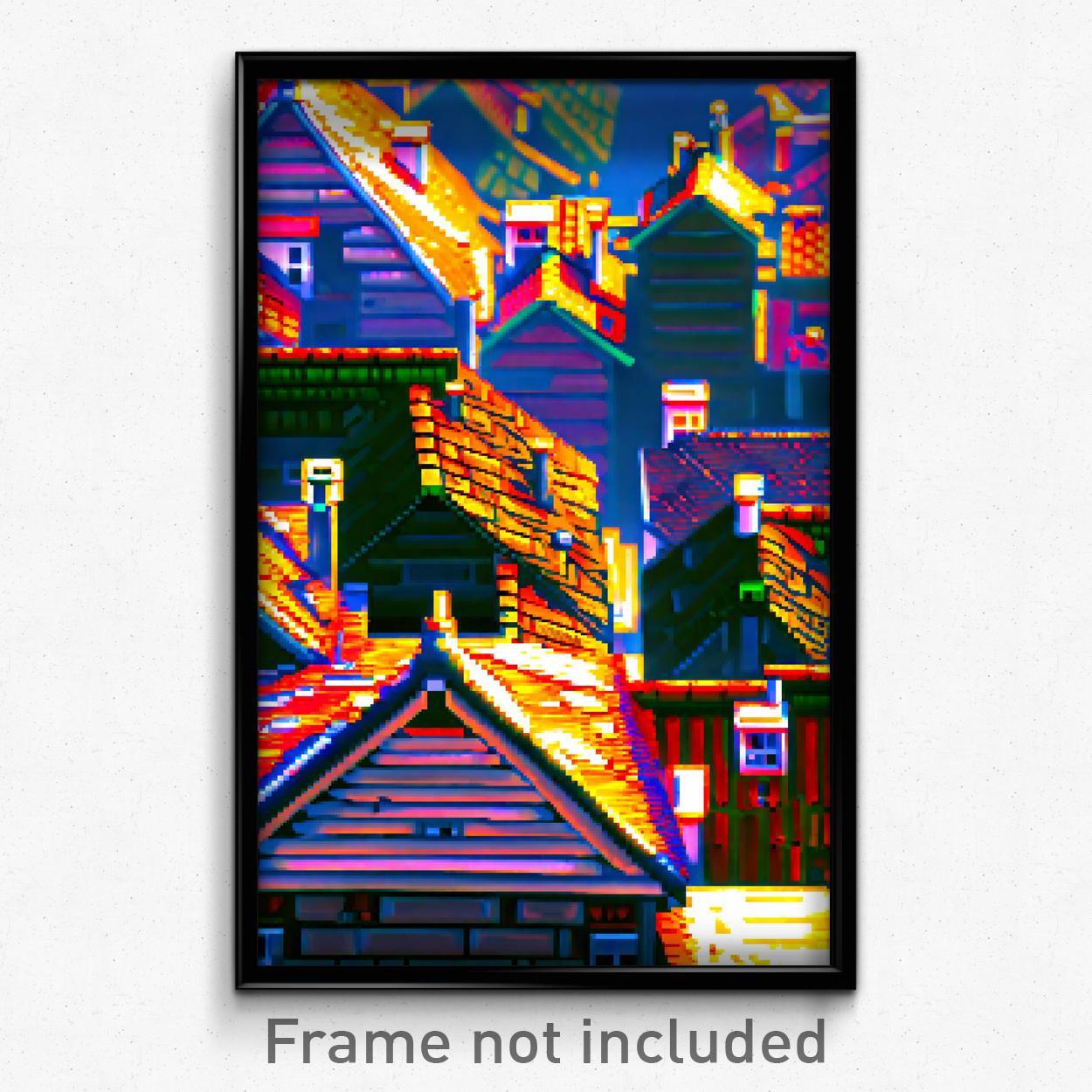 8-Bit Pixel Art Poster - Psychedelic Nutty Rooftops Video Game Print