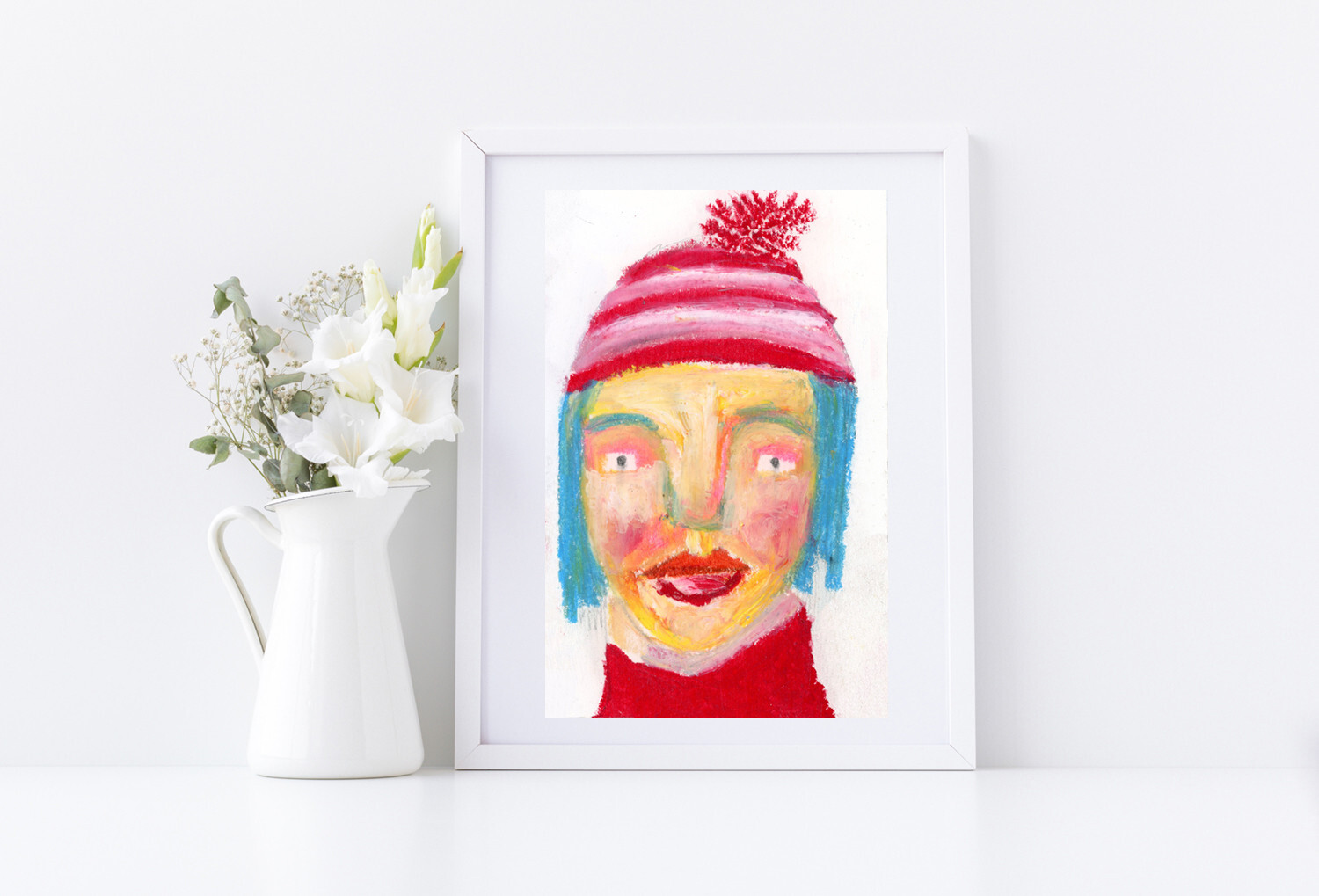 Woman Portrait Painting Pink Striped Pom Hat Naive Outsider Winter Art Miz Katie