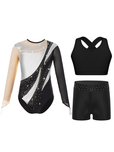 Kids Girls Dancewear Contrast Color Bodysuit Metallic Outfit Gym Dance Shiny - Picture 38 of 80