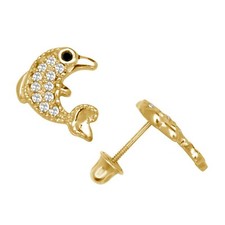 14K Solid Gold Dolphin CZ Screw Back Stud Earrings Cute Ocean Jewelry Gift