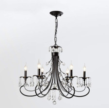 Modern Crystal Chandelier, Clear Raindrop Pendant Ceiling Light, 6 Heads, Black