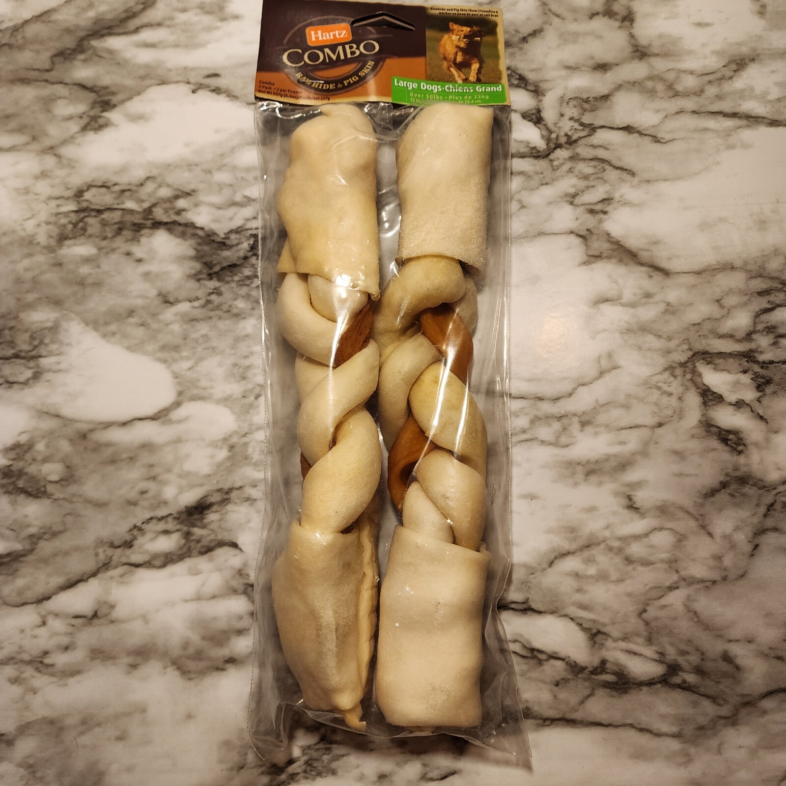 1 Package of 2 Hartz Combo Rawhide Pig Skin Chew 10" Bones 8.4oz Large Dog Treat