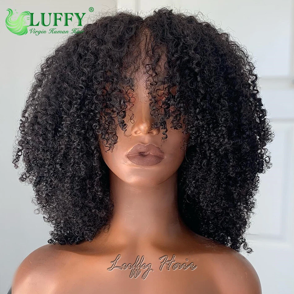 Peluca frontal de encaje 13x6 pelucas rizadas afro rizadas con flequillo cabello humano HD peluca de encaje completo Foto 2 de 4