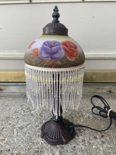 VINTAGE BEADED BOUDOIR STYLE LAMP WITH ROSES, BUTTERFLY GLASS SHADE