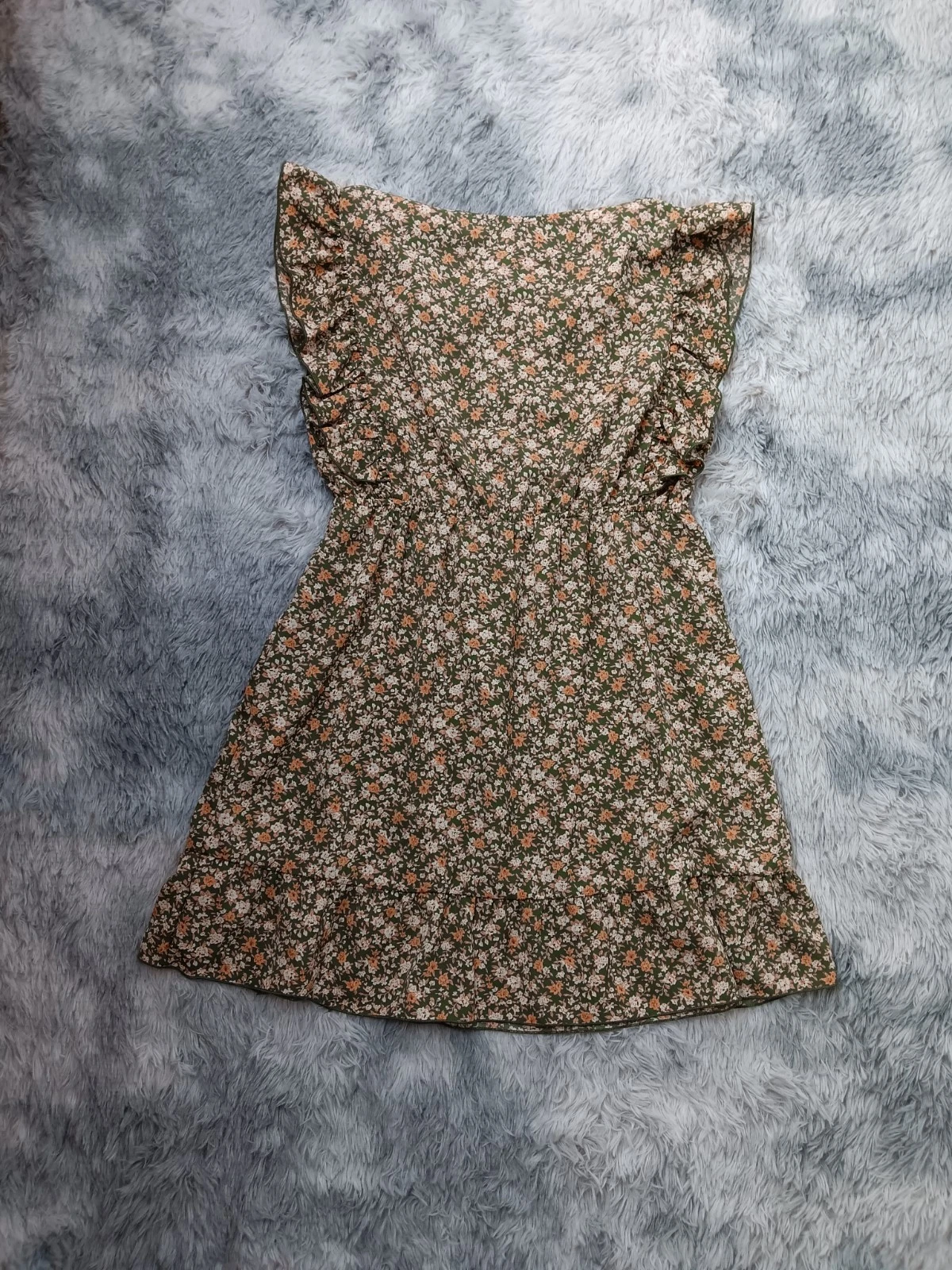 VETEMENTS Abito Umgee donna L floreale oliva ginocchio maniche a campana boho nuovo con etichetta