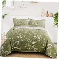 Floral Queen Quilt Set,3 Piece Flower Pattern Queen 96"x90" Olive Green