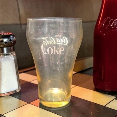 Coca Cola ''Enjoy Coke'' Orange Tint Tumbler, Vintage Bell Top Soda Fountain Glass
