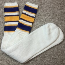 VTG Socks 1980's Tube NOS White Blue Gold Striped 21" Cotton Polyester