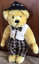 TAN TINY VEST BLACK PLAID BOW TIE PANTS AND FEDORA HAT HANDCRAFTED TEDDY CLOTHES