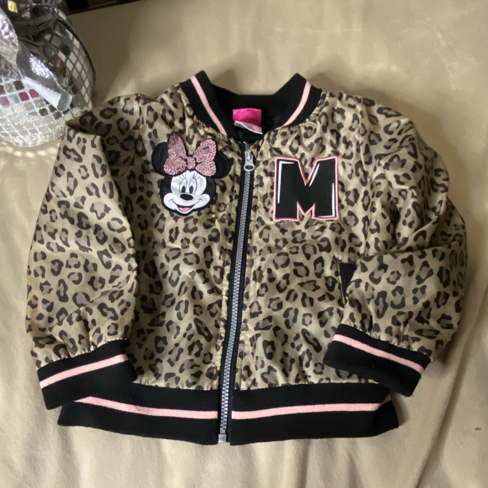 Disney Minnie Mouse Girls Tan Animal Print Bomber Jacket 4T Full Zip