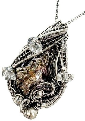 Bismuth Crystal Pendant Necklace with Herkimer Diamonds in Sterling Silver