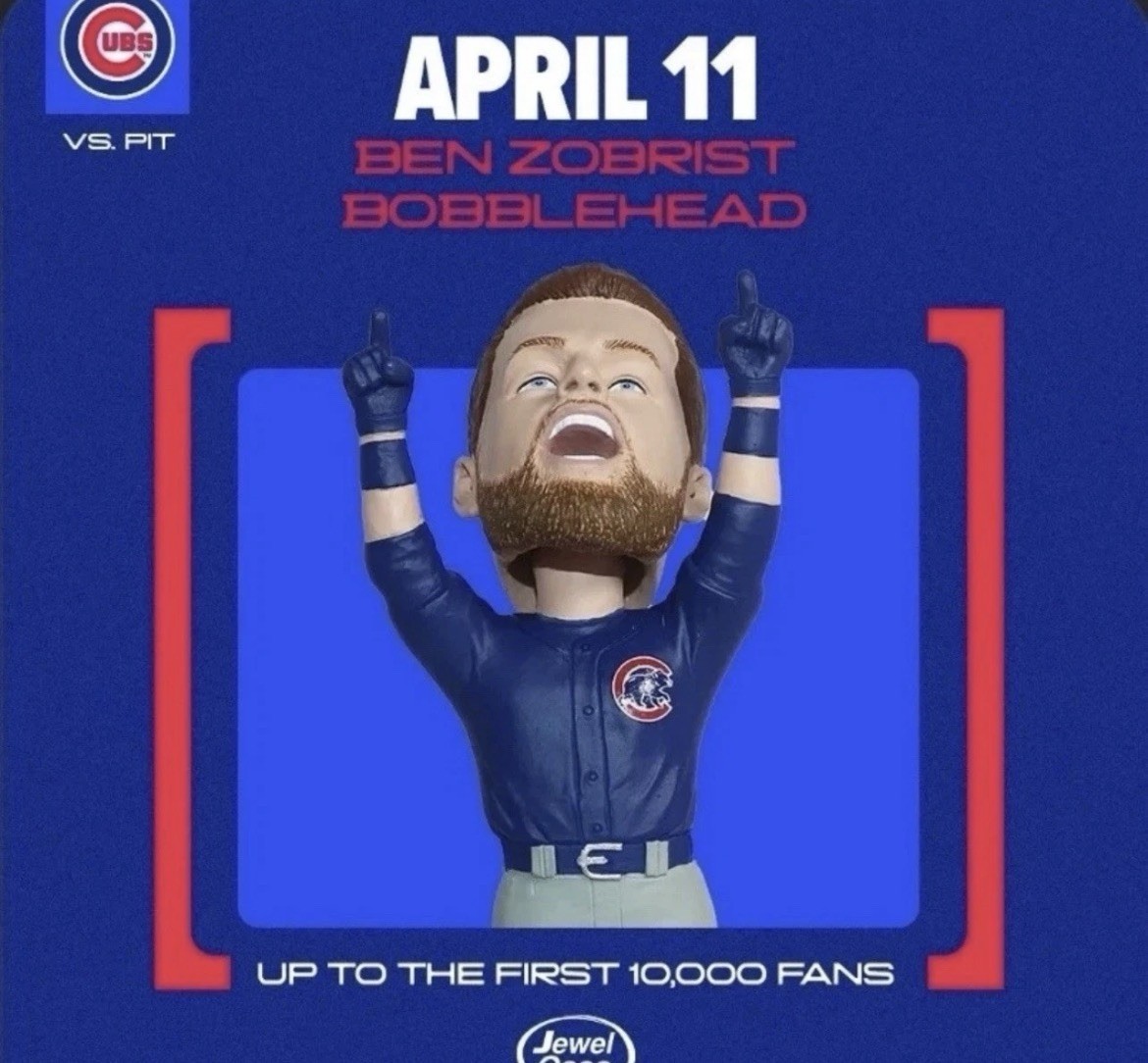 Chicago Cubs Ben Zobrist Bobblehead SGA 4/11/26 New In Box + Free