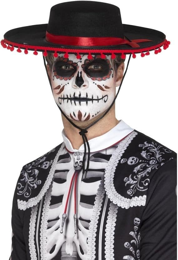 Day of the Dead Senor Hat Black Red Mexican Fancy Dress Costume Hat Accessory