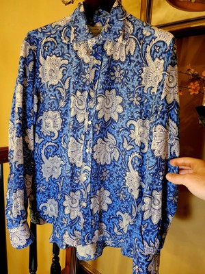 Etro Milano Linen Floral Art Longsleeve Shirt Blue/White Handmade Italy $550