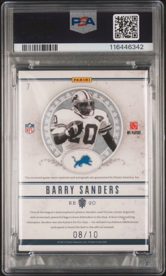 2011 National Treasures Barry Sanders Greatest GW Patch Auto /10 PSA 10 Pop 1 - Image 2 of 2