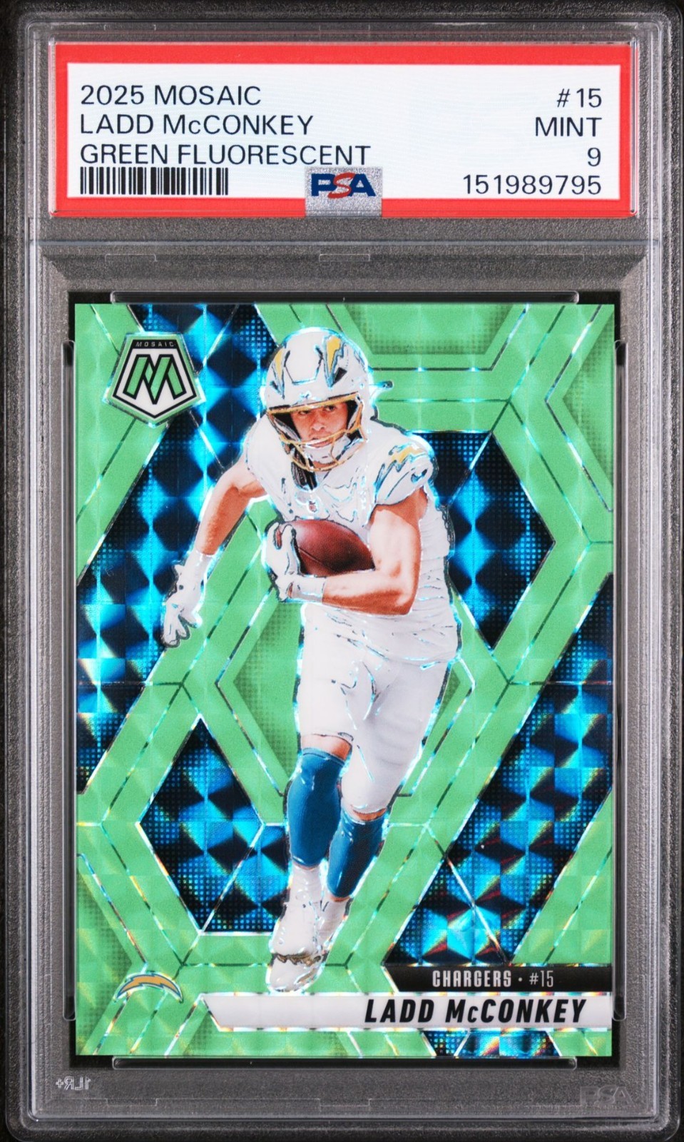 2025 Panini Mosaic #15 Ladd McConkey Mosaic Green Fluorescent #/10 PSA 9