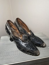 Antique Edwardian Beaded Shoes c.1910 Leather Evening Louis Heel- Black