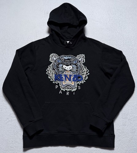 KENZO Hoodie Mens Small Black Pullover Embroidered Paris Tiger Logo Sweatshirt