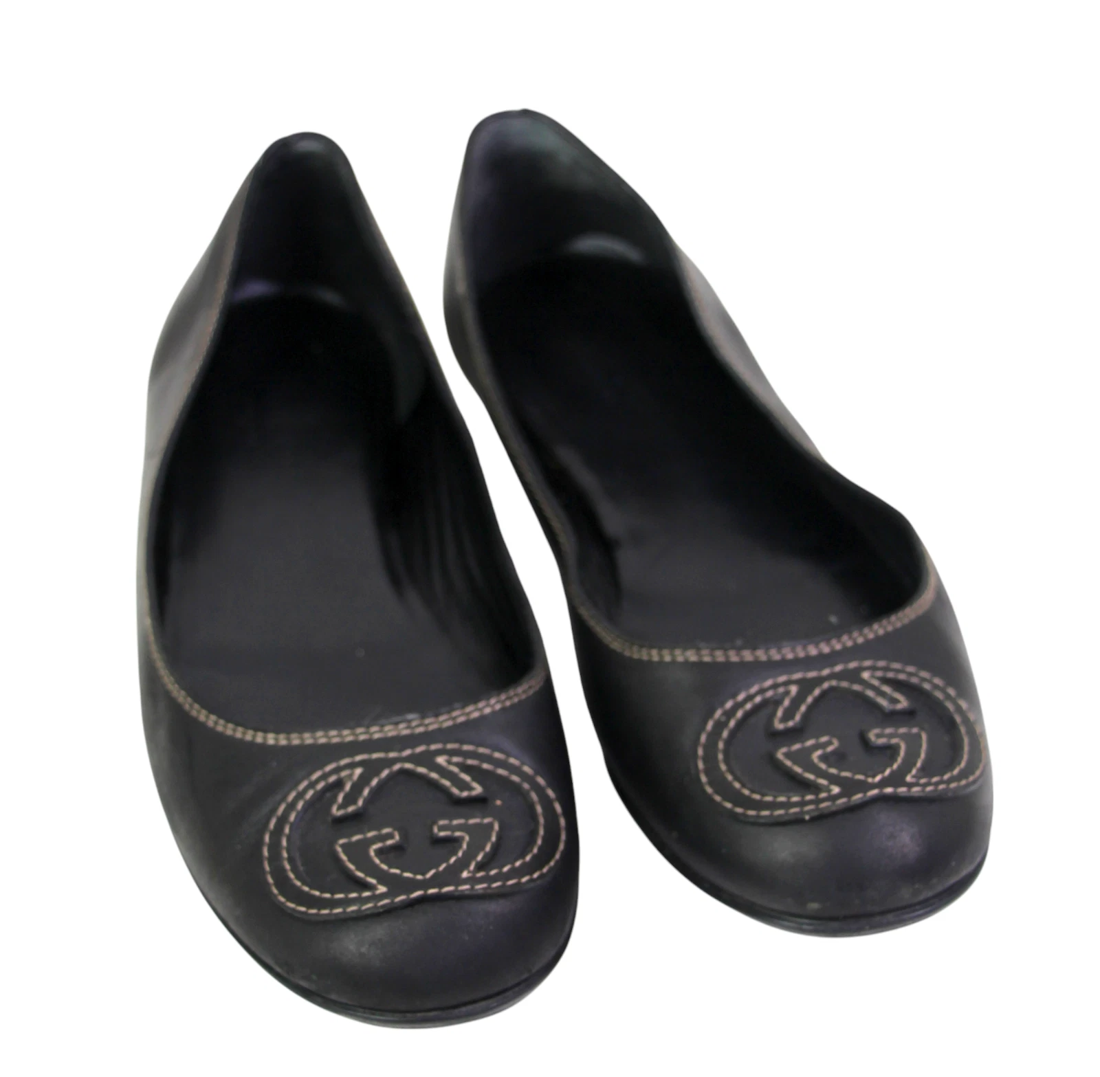 CHAUSSURES DE BALLET À ENFILER BOUT ROND PLAT LOGO CUIR VÉRITABLE NOIR GUCCI ITALIE pointure 35G