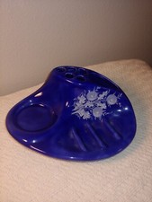 Vintage Porcelain Blue Toothbrush and Bar Soap Holder with Floral Designs