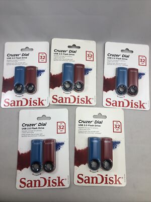 5 SanDisk Cruzer Dial 32GB USB 2.0 Flash Drives (2-Pack) - Blue / Red Bulk Sale