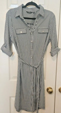 Mlle Gabrielle Petite XL Shirt Dress Button Front Belted White Black Stripe