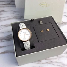 Fossil ES4383SET Neely Three-Hand White Leather Watch and Jewellery Box Set