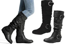 Women Low Hidden Wedge Heel Faux Fur Lined Zip Up Knee High Boots