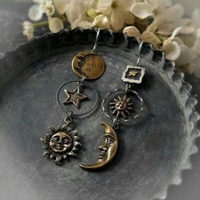 Celestial Sun Crescent Moon  Stars Silver  Gold Mixed Metals Dangle Earrings
