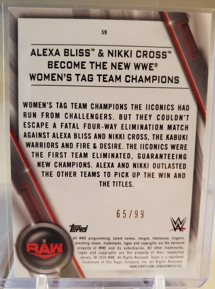 ALEXA BLISS & NIKKI CROSS 2020 Topps WWE Tag Champions PURPLE Insert Card #/99 - Image 2 of 2