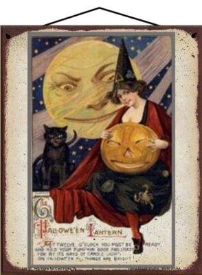 Vintage Style Halloween Sign The Hallowe'en Lantern Poem Creepy Man in the Moon