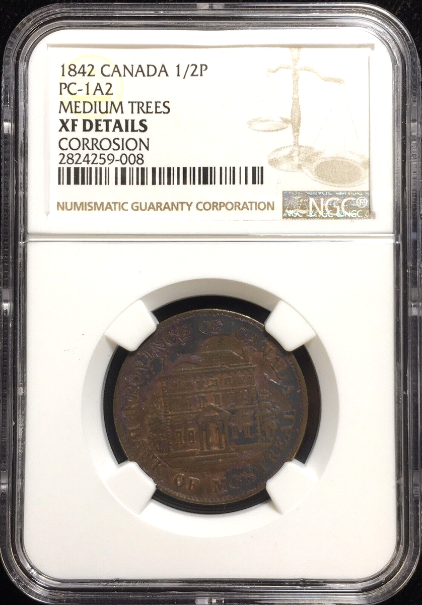 1842 CANADA 1/2 PENNY PC-1A2 BANK M. TOKEN XF DETS. NGC, MEDIUM