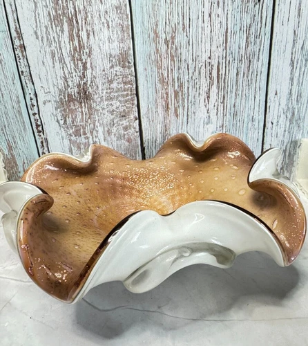 Vintage Alfredo Barbini Murano Art Glass Bowl Aventurine Cased Glass 9"