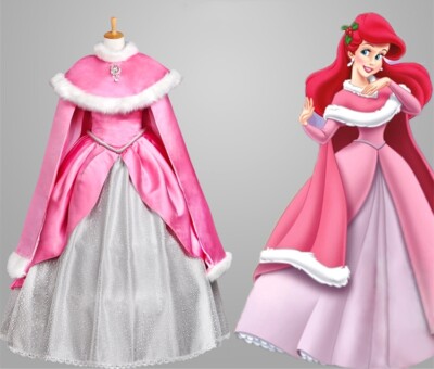 Princess The Little Mermaid Ariel Disney Cosplay Costume Dress Cloak Pink 