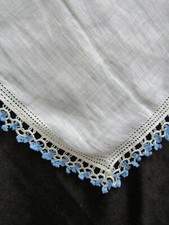 Vintage Tat Lace Edge Hankie Blue White Tatting Handkerchief Hanky 1336