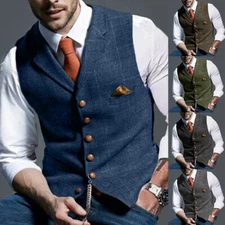 Men Retro Tweed Waistcoat Wool Blend Formal Plaid Herringbone Suit Vest Slim US