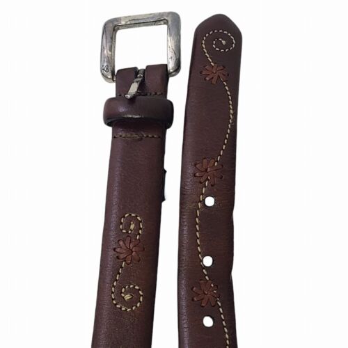 Brighton Brown Floral Stitched Belt Silver Tone Buckle Womens SZ M/L 29" - 33" - Picture 3 of 8