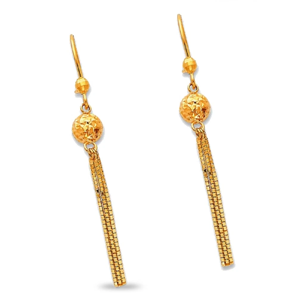 Disco Ball Dangle Earrings Solid 14k Yellow Gold Hanging Chains