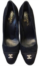 CHANEL Classic Black Suede Cap Toe w, Crystals CC Heel Pumps SZ 35