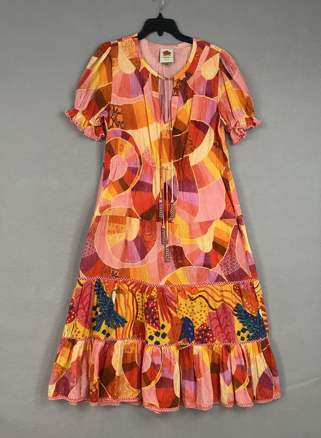 Farm Rio Dress Womens Large Red Orange Patchwork Twirl Boho Ruffle Peasant Loud