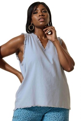 Umgee v-neck sleeveless top with frayed hem plus in Dusty Blue
