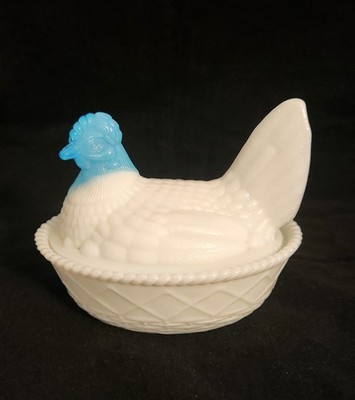 Vintage Westmoreland Slag Glass Hen On Nest White w/ Light Blue Head Candy Dish