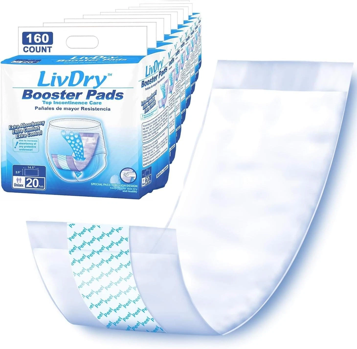 LivDry Incontinence Booster Pads, Use with Adult Diapers for 160 Count, White