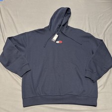 New Tommy Jeans Oversized Signature Badge Pullover Fleece Hoodie Medium Blue
