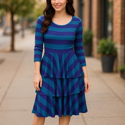 LuLaRoe Womens Dress Sz 2XL Blue Two Tone Stripe Georgia Tiered Scoop Neck