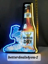 BEER LIGHT NEON SIGN Michelob Dry Bottle On Blue Water 25" Tall Pull Chain 1991