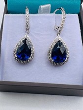 FZN 925 Silver China Pear Cut Lab Created Blue Sapphire Drop Dangle Earrings