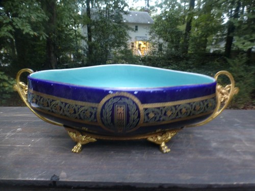 Antique French Sevres style Porcelain Blue Centerpiece Bronze Gilt Footed Stand - Picture 5 of 7