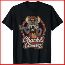 Chuck E Cheese Classic Mascot Portrait Distressed Black Cotton T-Shirt S-5XL