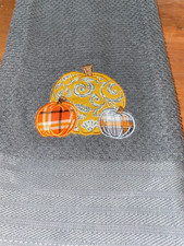 Embroidered Appliqued Gray Kitchen Hand Towel 3 Pumpkins Thanksgiving Fall